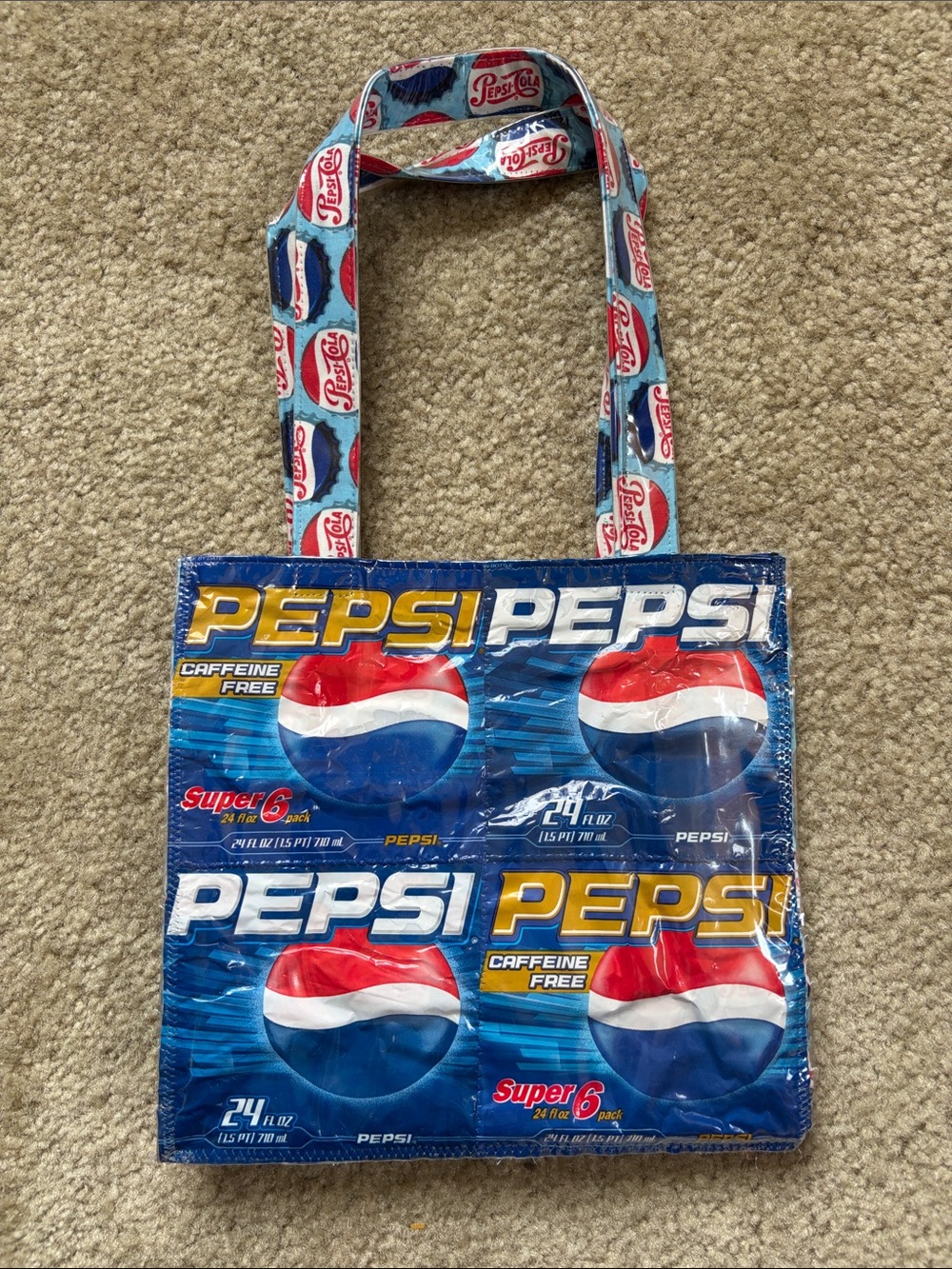 Pepsi Wrapper Plastic Fabric Blue Tote with Red & White Logo Accents